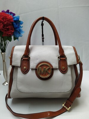 Michael Kors Margo White Pebbled Leather Logo Double Handles Satchel Bag