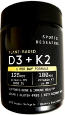 Sports Research Plant Based D3 (5,000 IU) + K2 (100 mcg) 160 Gels EXP 03/2027