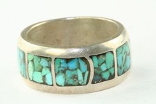 VINTAGE WIDE STERLING SILVER CRUSHED TURQUOISE BAND RING SIZE 6.5