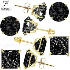 14K Gold Round Square Black Cubic Zirconia Push/Screw Back Stud Earrings 2mm-8mm