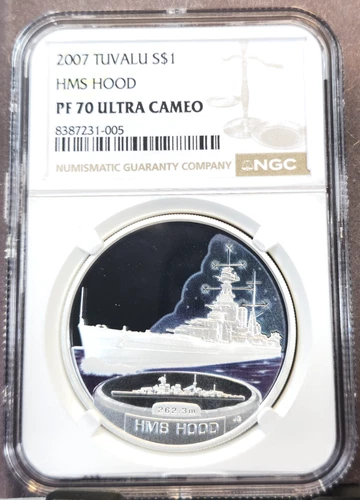 2007 TUVALU SILVER 1 DOLLAR BATTLESHIP HMS HOOD NGC PF 70 ULTRA CAMEO RARE POP 2