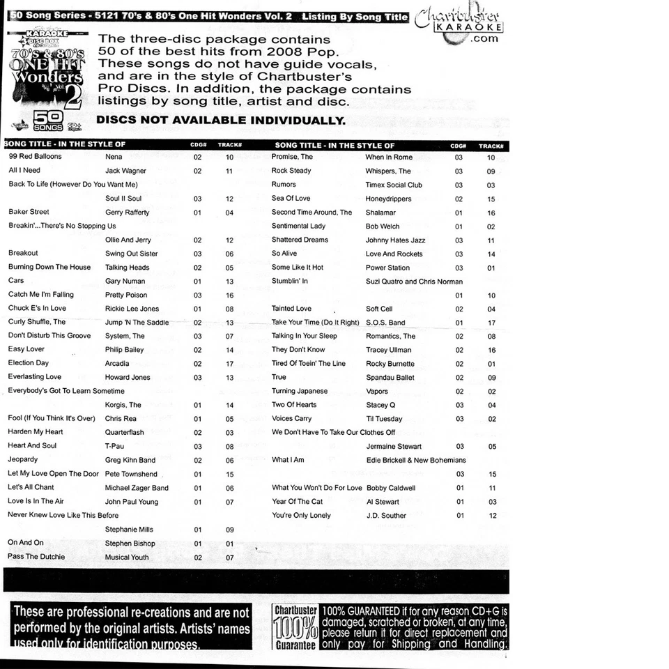 70's 80's ONE HIT WONDER #2 Karaoke 3 CD+G Chartbuster 5121 NEW BOX w/SONG LIST - Image 2 of 2