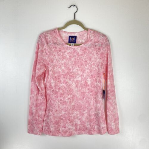 Koi Stretch Womens Size Medium Blouse Long Sleeve Floral Pink Shirt Top