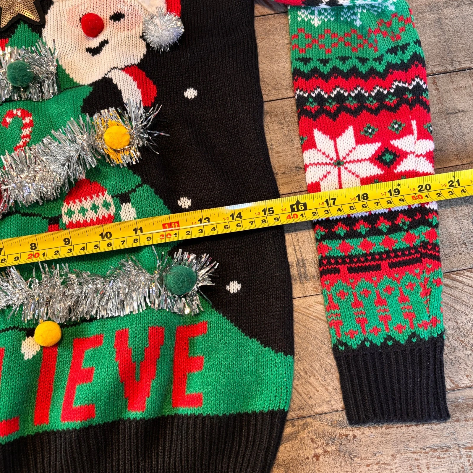 No Boundaries Black Ugly Christmas Sweater with Santa Claus Tree Tinsel Size S