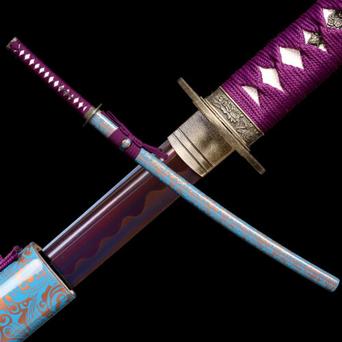 Épée tranchante samouraï japonais violet Katana 1095 en acier au carbone prête au combat - Photo 1 sur 10