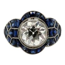 925 Silver Art Deco Style Old European Cut 2.22CT CZ  Sapphire Wedding Ring
