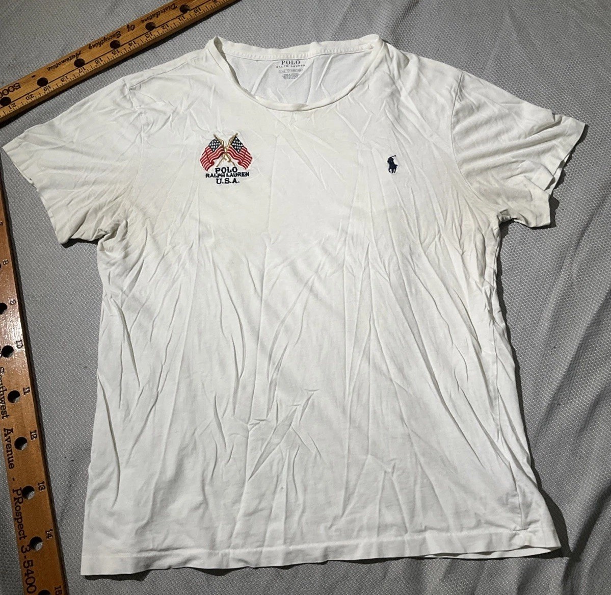 Polo Ralph Lauren camicia uomo media bianca ricamata bandiera logo pony grunge maglietta