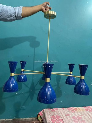 Modern Sputnik Chandelier 6-Arms 12 Light  Blue Brushed Brass Pendant Light