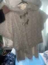 2 PIECE Cat &Jack 6x Holiday Dress, White, Sz, Sequin; Button Up Faux Fur Shrug