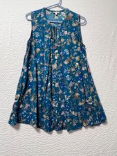 Umgee Teal Floral Tie V-Neck Sleeveless Flowy Boho Dress Size L (C5-1)