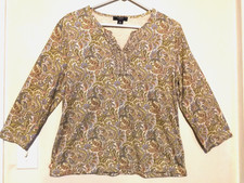 Chaps Denim Womens Blouse XL Paisley Green Ruffle V-Neck Shirt 3/4 Sleeve Boho