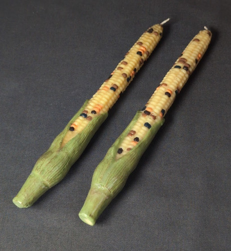 Vintage Set/2 RUSS Indian Corn Taper Candles 10" Fall Thanksgiving Halloween