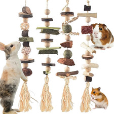 4 Pcs Rabbit Chew Toys, Hanging Rabbit Chewing Toy Treats with Timothy Grass & N