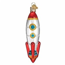 Old World Christmas Glass Blown Ornament, Toy Rocket Ship With OWC Gift Box 