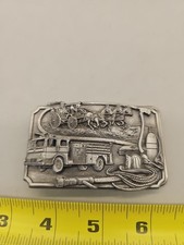 Fireman Belt Buckle 1985 Siskiyou Buckle Co. 3D Pewter Carriage Horse Fire truck