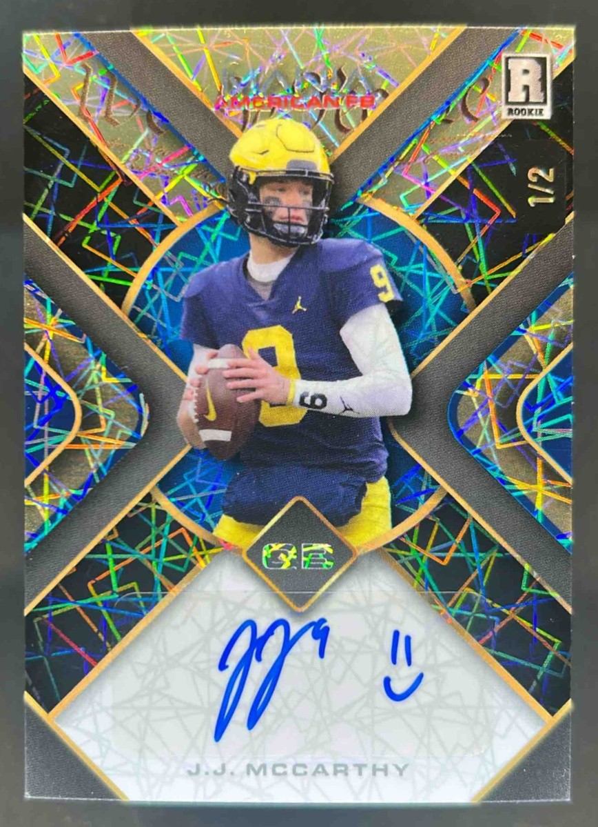 JJ McCarthy Wild Card Auto Mania American Football Hobby Autographs #JM Square-Lazers Foil-Firework 3 1/1
