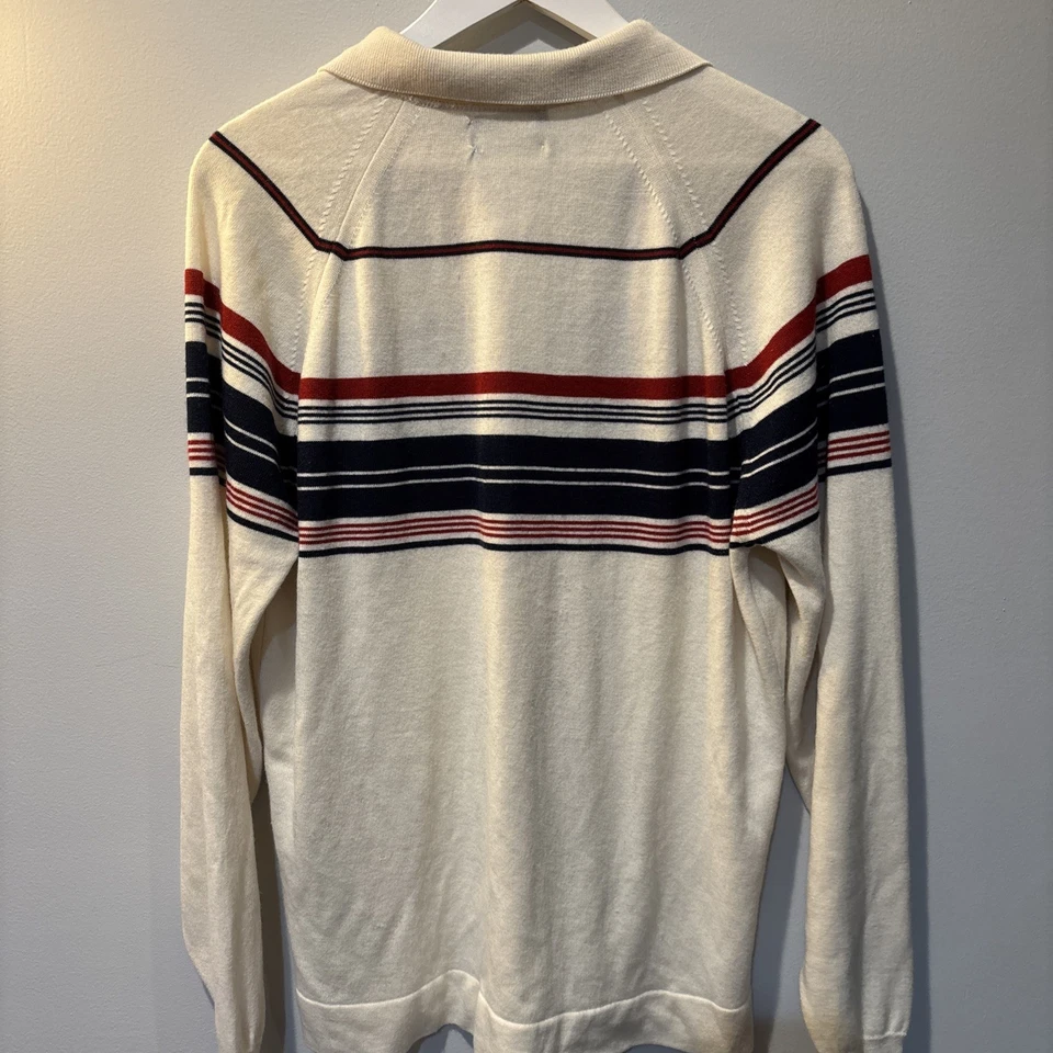 Mens Vintage Puritan Ivory Striped Blue Red Soft Knitted Polo Sweater Size L USA - Image 3 of 4