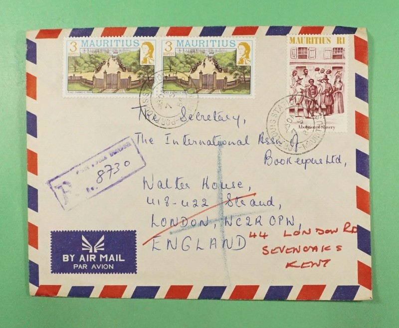 DR WHO 1984 MAURITIUS REGISTERED AIRMAIL PORT LOUIS TO ENGLAND FORWARDED R45899