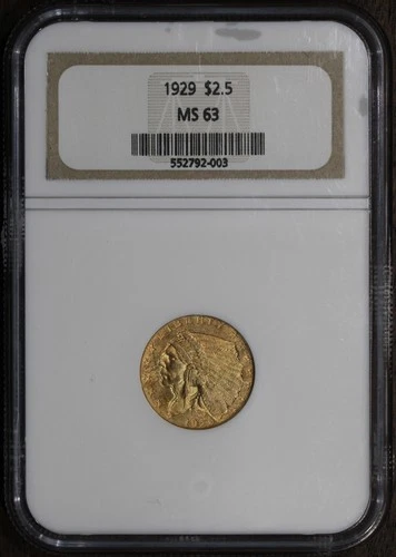 1929 (MS63) Indian Head Gold Quarter Eagle $2.50 NGC - Scarce Holder