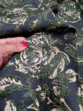 BLACK Metallic Gold Green Floral Brocade Fabric By The Yard Dress Upholstery