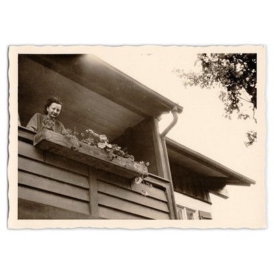 Snapshot Photo of Woman Looking Down From Balcony - 1940s Flower Box Portrait