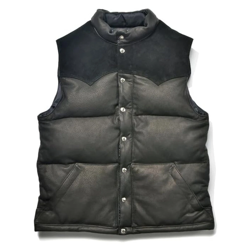 Men's Real Leather Puffer Vest with Suede Yoke, Outdoor Travel Style Waistcoat