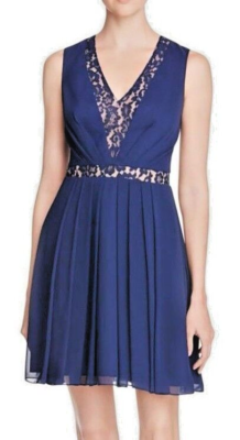 AQUA ~ Navy Chiffon Illusion Lace V-Neck Pleated Flare Party Dress 2 NEW  $168. | eBay