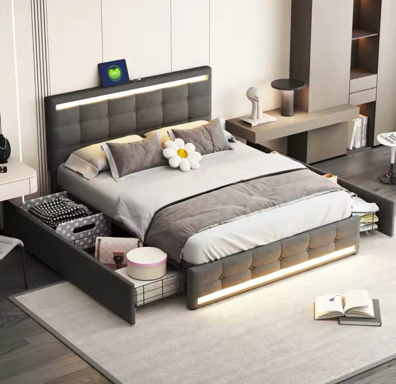 Cama somier LED USB cama tapizada 140x200 cm cama doble somier cama de almacenamiento