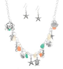 Sea Life Necklace Set Ocean Beach Dangle Charms Silver-Tone 18 Extender
