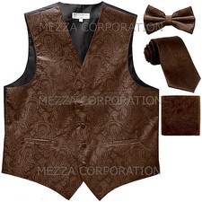 New Men's Vesuvio Napoli Paisley Tuxedo Vest Necktie, Bowtie Hankie set Brown
