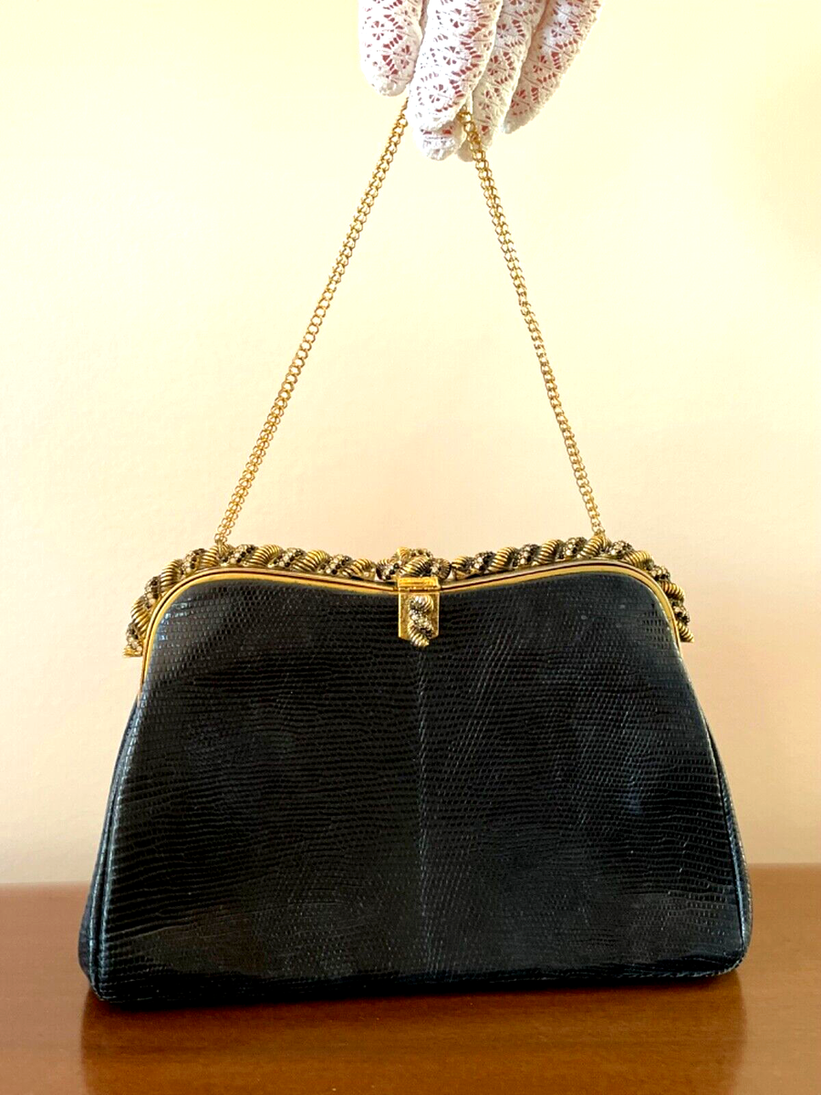 GORGEOUS HI QUALITY VNTG 1950 Purse BLK EXOTIC LIZARD LEATHER
