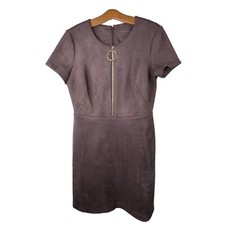 Calvin Klein Sheath Dress Size 10 Faux Suede O Ring Zip Crew Neck Brown Formal