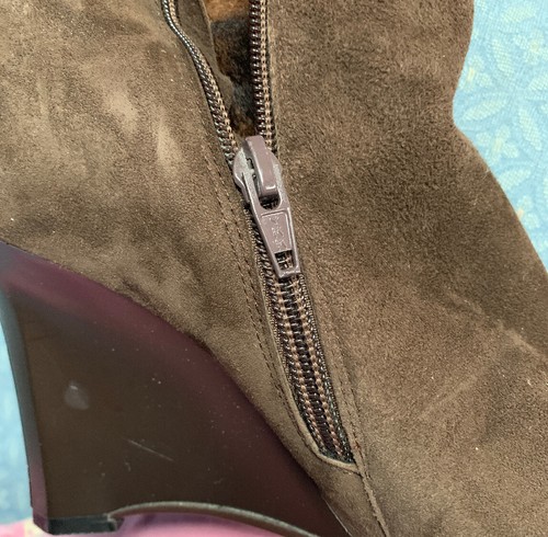LUICHINY BOOTS EU40 BROWN SUEDE WEDGE MINK TRIM LACEUP BACK POINT TOE SUPER CUTE - Picture 11 of 11