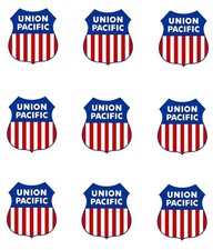 Union Pacific HO/O calibro modellino treno 9 loghi vinile 3/8" L x 7/16" H su 1 adesivo
