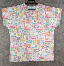 SB Scrubs Top Women Small Pink Blue Yellow Flower Peace Bees Short Dolman Sleeve