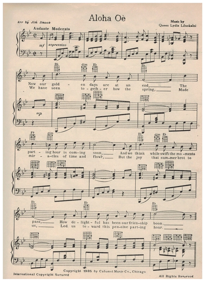 Aloha Oe ~ Hawaiian Farewell Song ~ Liluokalni ~ Jim & Bob ~ Sheet Music  1935 | eBay