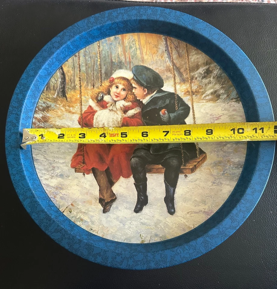 Victorian Boy Girl Winter Scene Swing Tin  Serving Tray 12 Diameter - Image 2 of 4