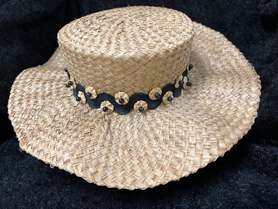 Eric Javits Natural Straw Large Wavy Brim Flat Top Embellished Sun Hat 