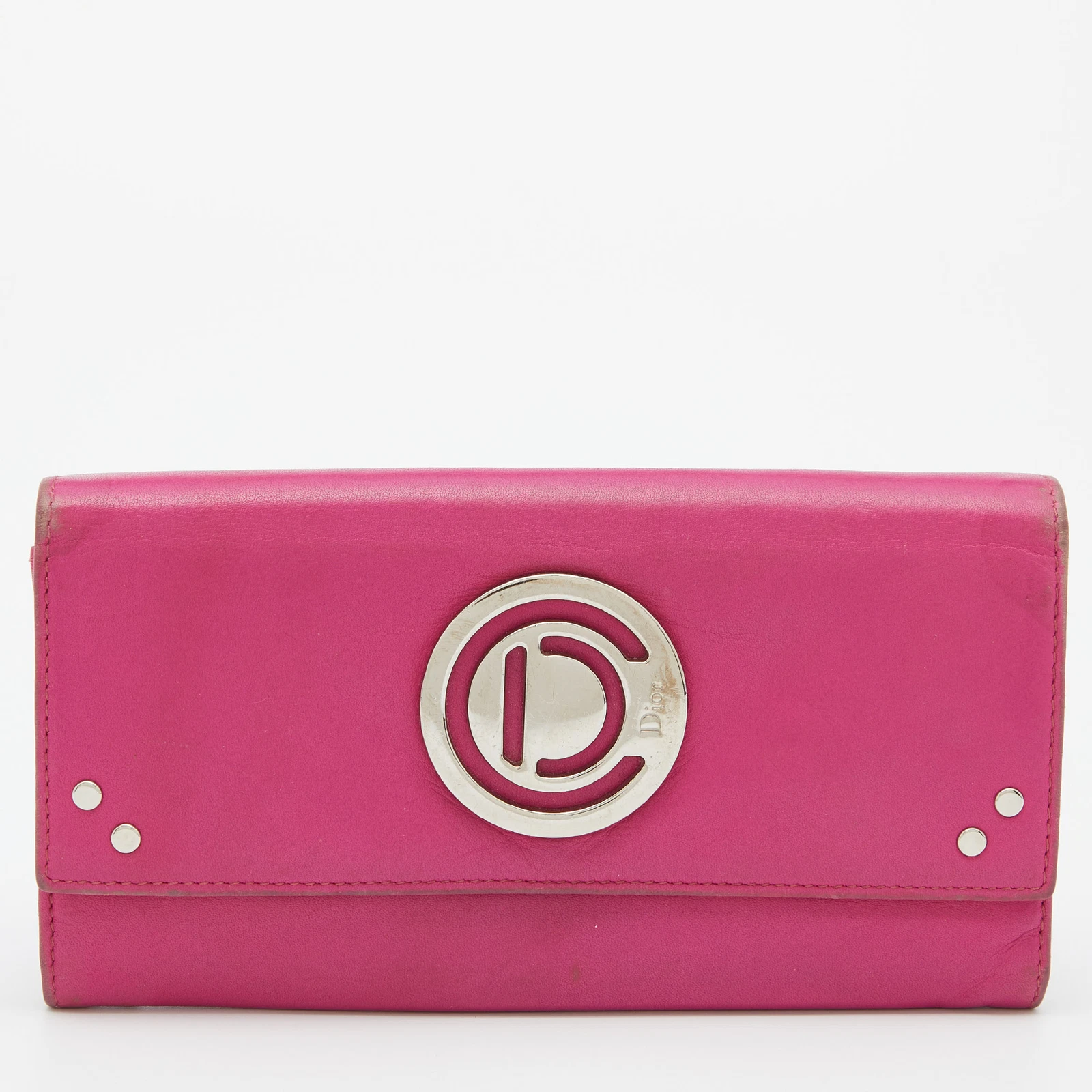 Portefeuille continental rabat logo rond en cuir rose Dior
