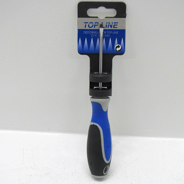 Destornillador Top Line Plano 3x75mm Varilla Cr-V. punta negra magnética.