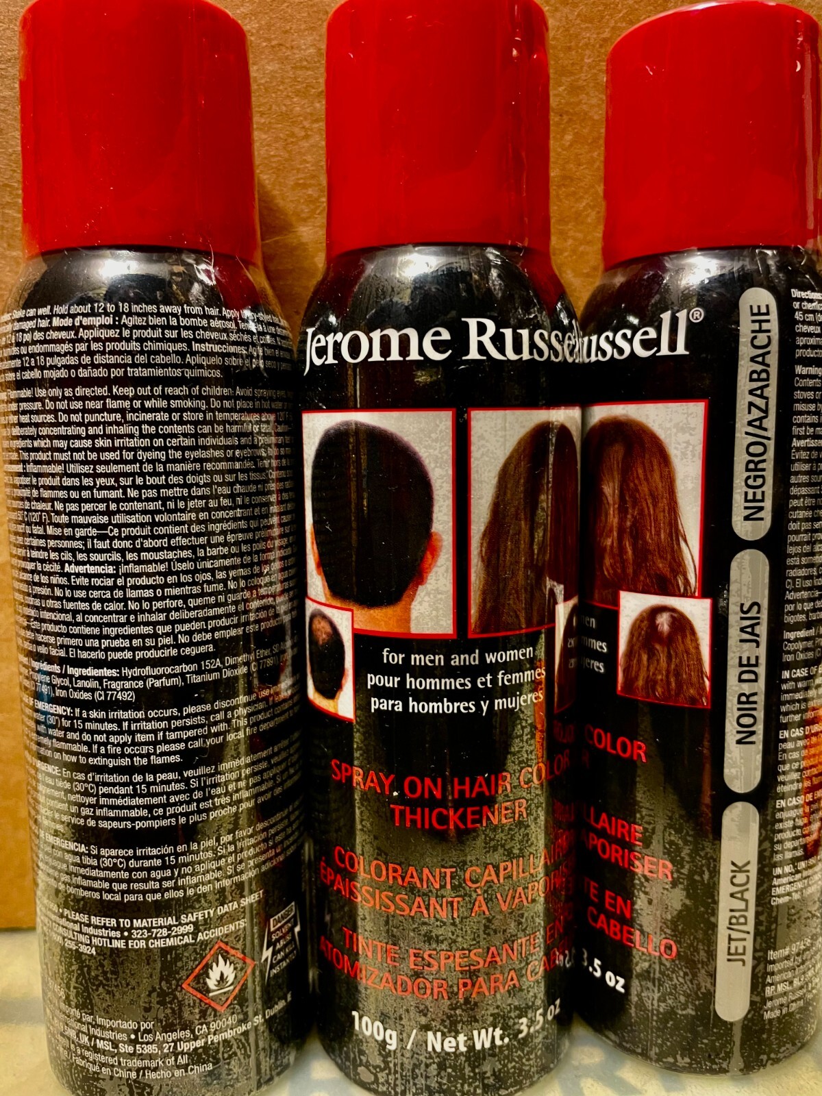 JEROME RUSSELL JET/BLACK SPRAY ON  HAIR COLOR THICKENER 3.5 OZ  3 CANS