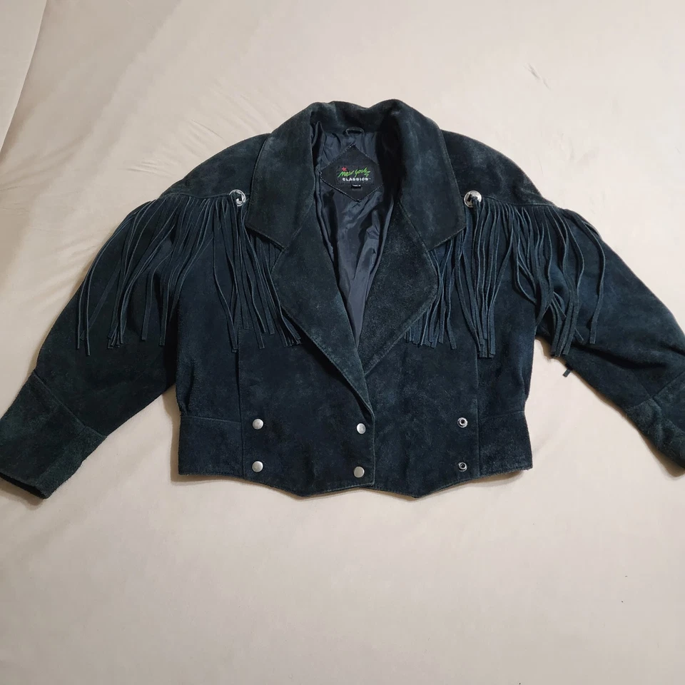 Chaqueta de cuero para mujer New York Classics motocicleta de colección flecos y conchos pequeña Foto 3 de 4