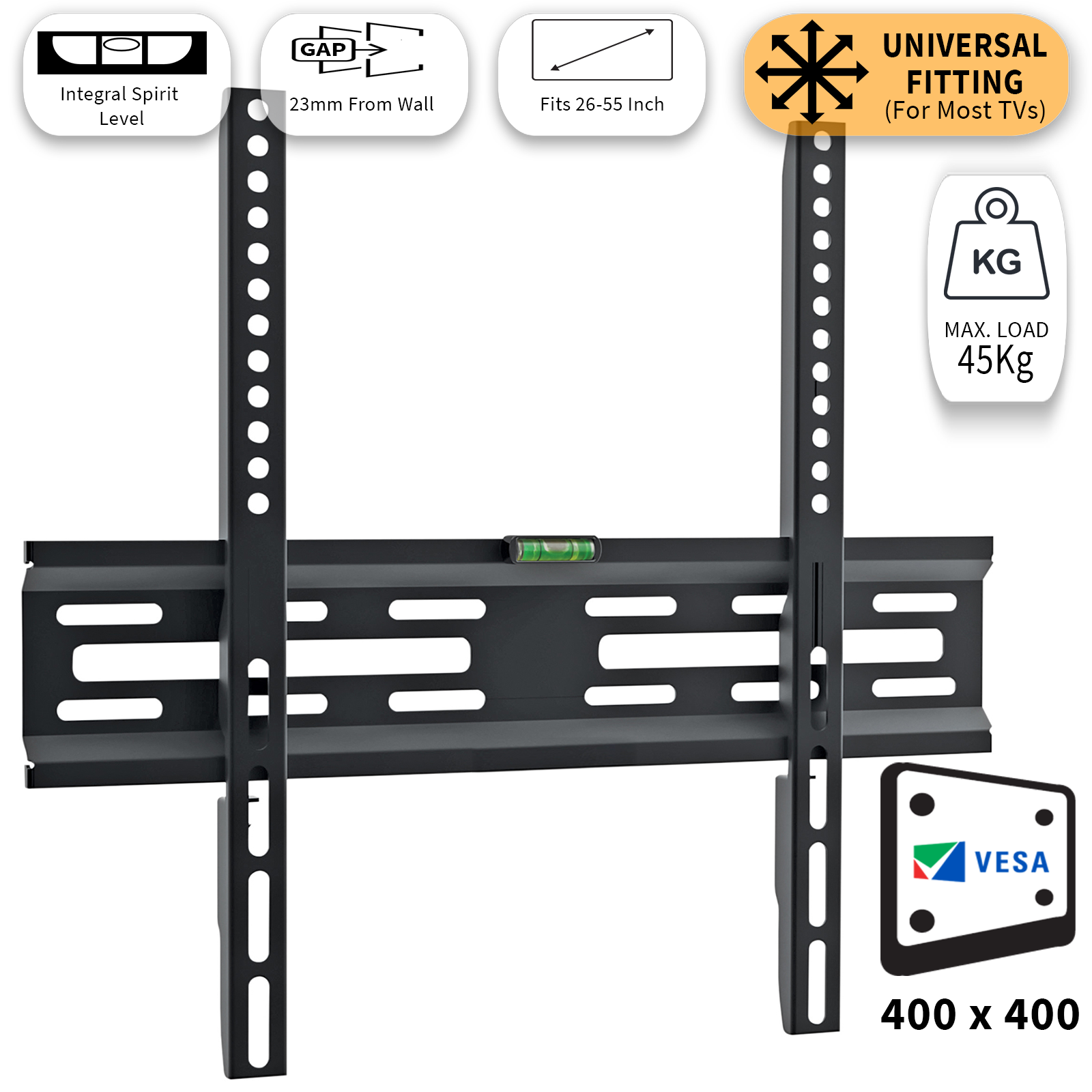 TV Wall Bracket Low Profile Fixed Mounting 26-55"" Inch Integrated Spirit Level
