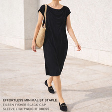 Eileen Fisher Dress SZXL Black Minimalist Midi Cap Sleeve Stretch Drape Neck