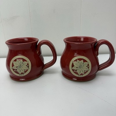 Sunset Hill Stoneware Coffee Mugs Cups Red 2014 Poinsettia Flower Set Of 2