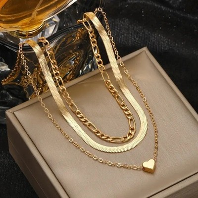 Women's Heart Pendant Snake Bone Chain Necklace Fashion Layered Necklace Alloy