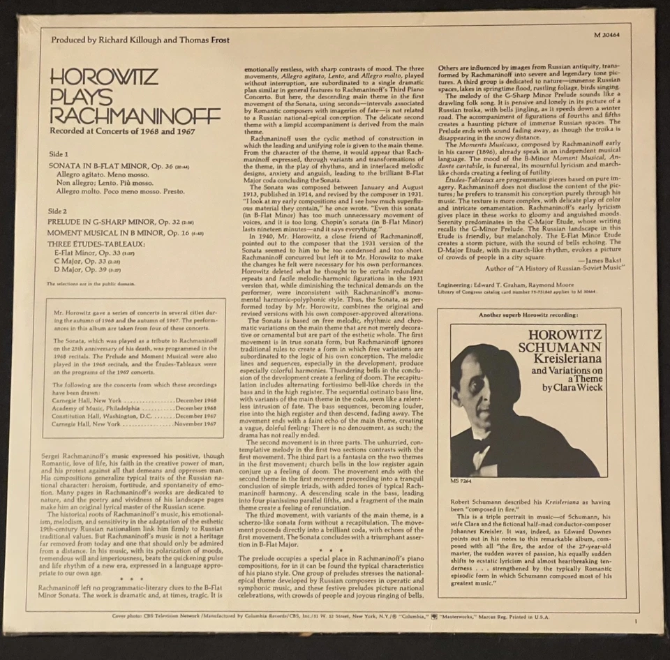 sealed HOROWITZ Plays Rachmaninoff  Sonata B-Flat Minor 1971 Columbia M-30464 - Image 2 of 3