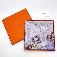 Auth Hermes Carré 90 RENCONTRE OCEANE Light Purple Silk Scarf W/Box BA080062