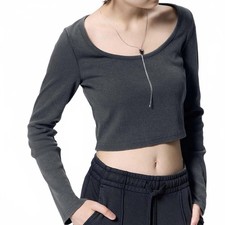Uniqlo GU Washed Ribbed Cropped Long Sleeve T-Shirt Dark Grey NWT Small