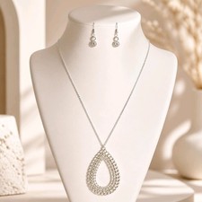 FASHION NWT long silver teardrop chain disco women's necklace earrings set